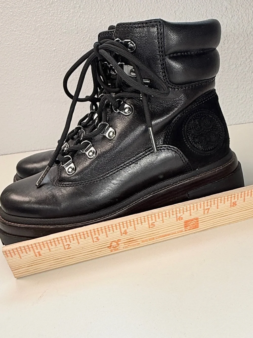 Tory Burch Miller Lug Hiker Boots Perfect Black Leather women size 6 m Moto